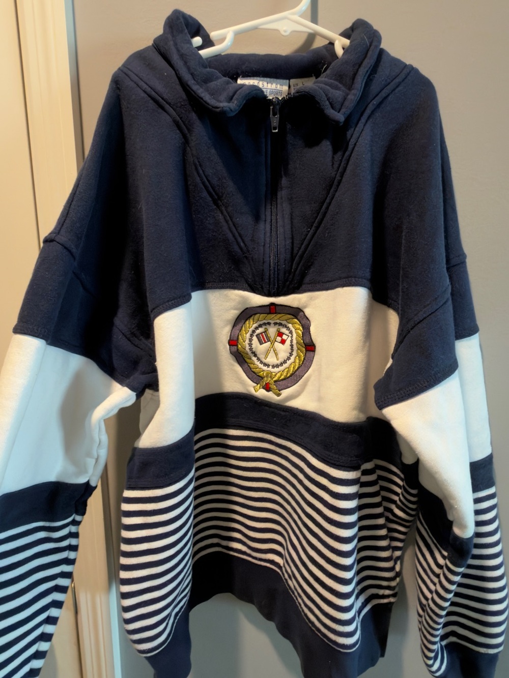 Nordstrom Navy and White Striped Zip-Up Sweater with Crest